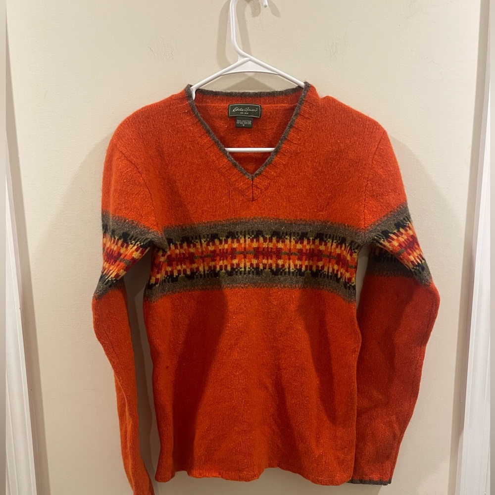 Eddie‎ Bauer Vintage Orange Fair Isle 100% Wool V Neck Sweater Women’s Sz Sm